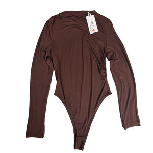MEROKEETY Women's Brown Long Sleeve Ruched Bodysuit - Mock Neck - Size S - NWT